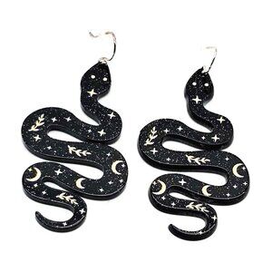Celestial Snake Earrings, Black Resin with Gold Moons, Stars & Leaves, Boho Vibe